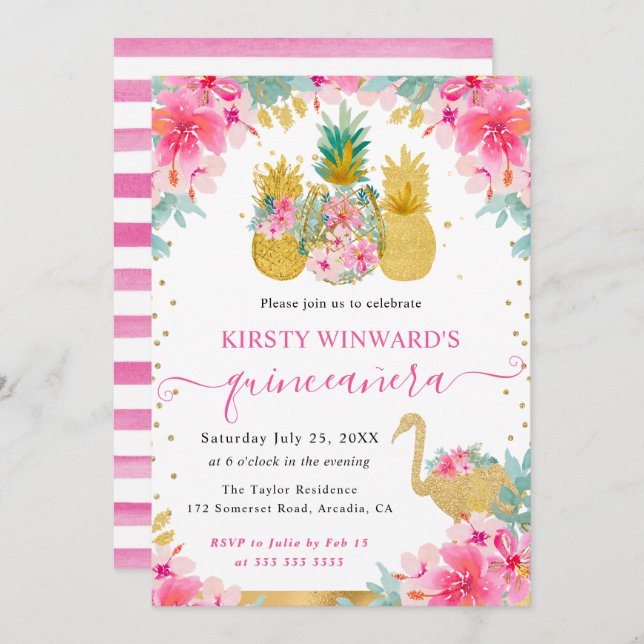 Rosa och Guld ananas och Flamingo Quinceanera Inbjudningar (Fram/baksida)