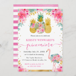 Rosa och Guld ananas och Flamingo Quinceanera Inbjudningar
