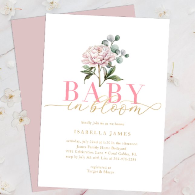  Rosa och Guld Baby i Bloom Blommigt Baby Show Inbjudningar (Baby In Bloom Baby Shower Invitation)
