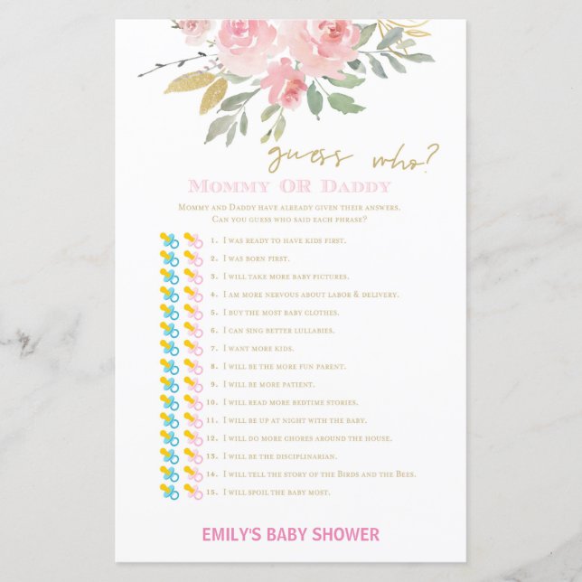  Rosa och Guld Baby Shower Game TRINTED (Framsida)