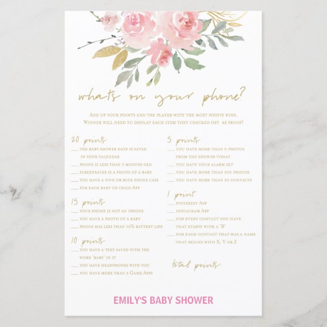  Rosa och Guld Baby Shower Game TRINTED (Framsida)