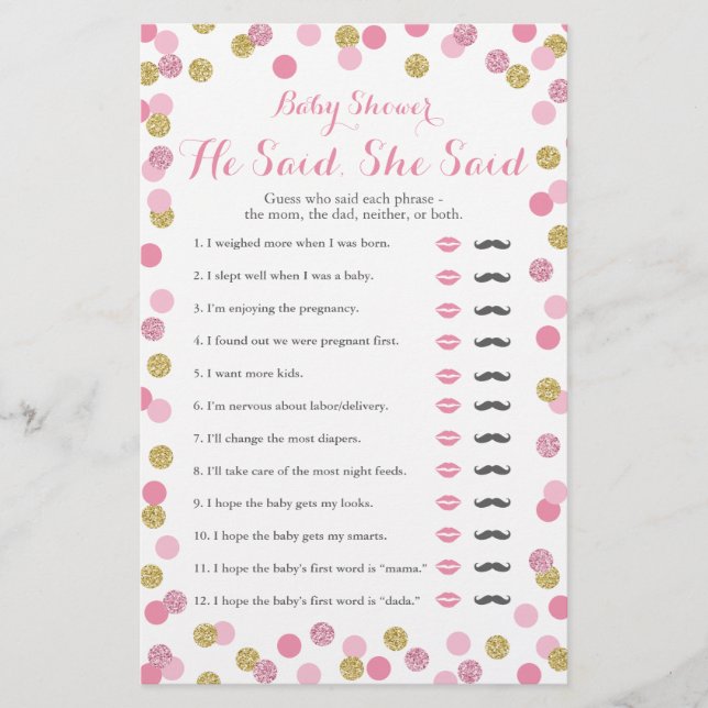 Rosa och Guld Baby Shower sa att hon sa att spel (Framsida)