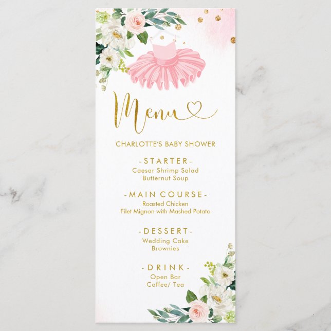 Rosa och Guld Ballerina Tutu Baby Shower Menu Meny (Framsida)