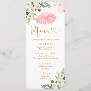 Rosa och Guld Ballerina Tutu Baby Shower Menu Meny