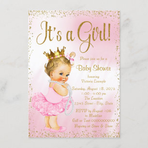 Rosa och guld ballerina tutu pärlor baby shower inbjudningar