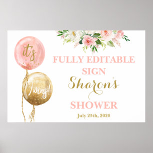 rosa- och guld-ballonger, babyduschtwin-flickor poster