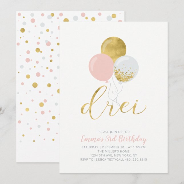 Rosa och Guld-ballonger | Flickor 3:e födelsedagen Inbjudningar (Fram/baksida)