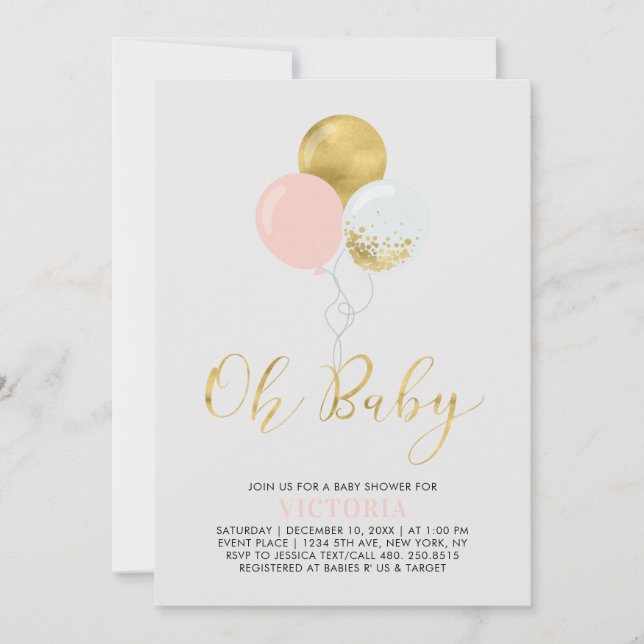 Rosa och Guld-ballonger | Oh Flicka Baby Shower Inbjudningar (Framsida)