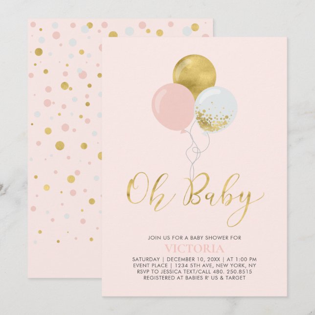 Rosa och Guld-ballonger | Oh Flicka Baby Shower Inbjudningar (Fram/baksida)
