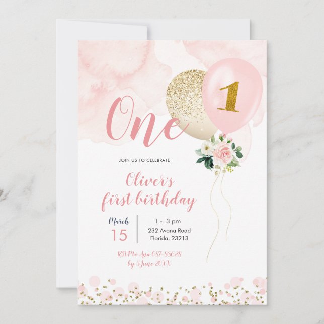 Rosa och Guld Balloon Girl First Birthday Invati Inbjudningar (Framsida)