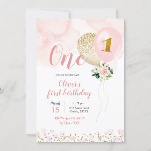 Rosa och Guld Balloon Girl First Birthday Invati Inbjudningar