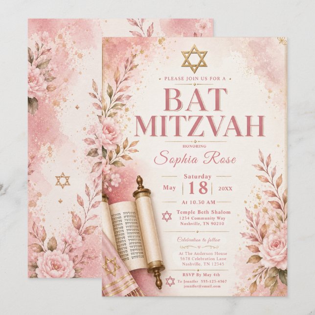 Rosa och guld Bat Mitzvah Inbjudningar (Fram/baksida)
