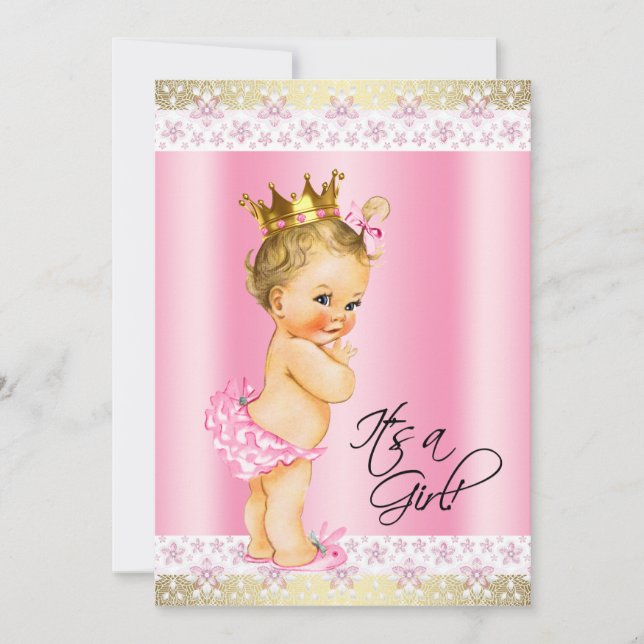 Rosa och guld Bebis-flicka Babyshower Blond Inbjudningar (Framsida)