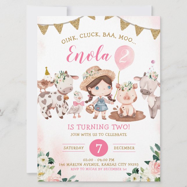 Rosa och Guld Birthday-inbjudan till en bondgård Inbjudningar (Framsida)