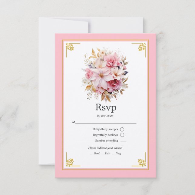 Rosa och guld blommande bröllop OSA kort (Framsida)