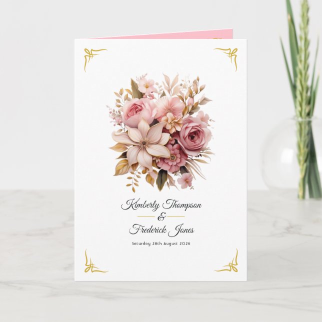 Rosa och guld blommande bröllop program (Framsida)