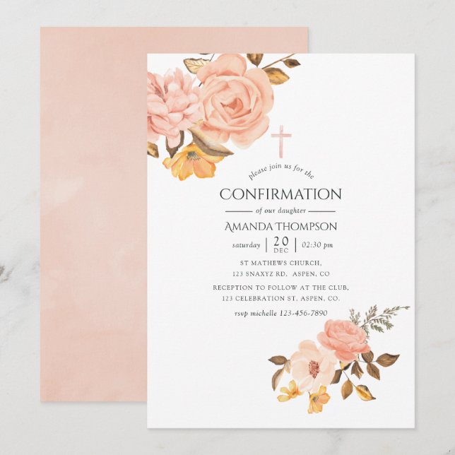 Rosa och guld blommande konfirmation inbjudningar (Fram/baksida)