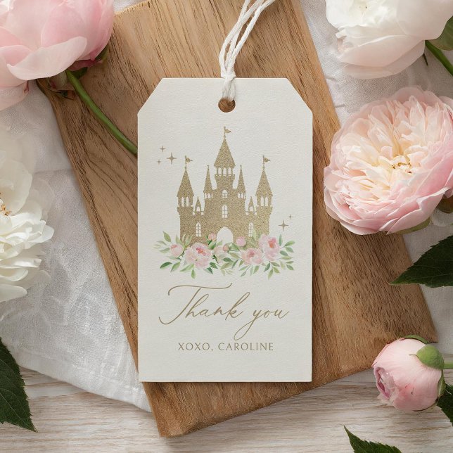 Rosa och guld blommande prinsessebursdag presentetikett (Skapare uppladdad)