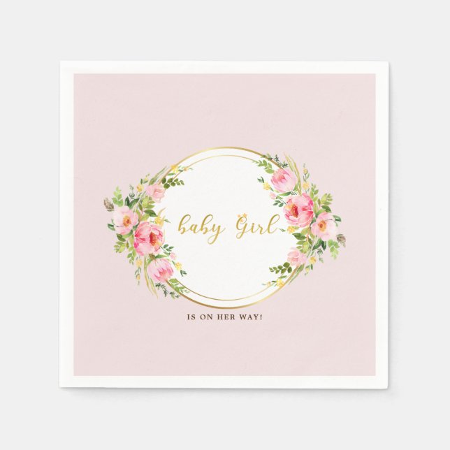Rosa och Guld-blommans babydusch i Flicka Pappersservett (Framsidan)