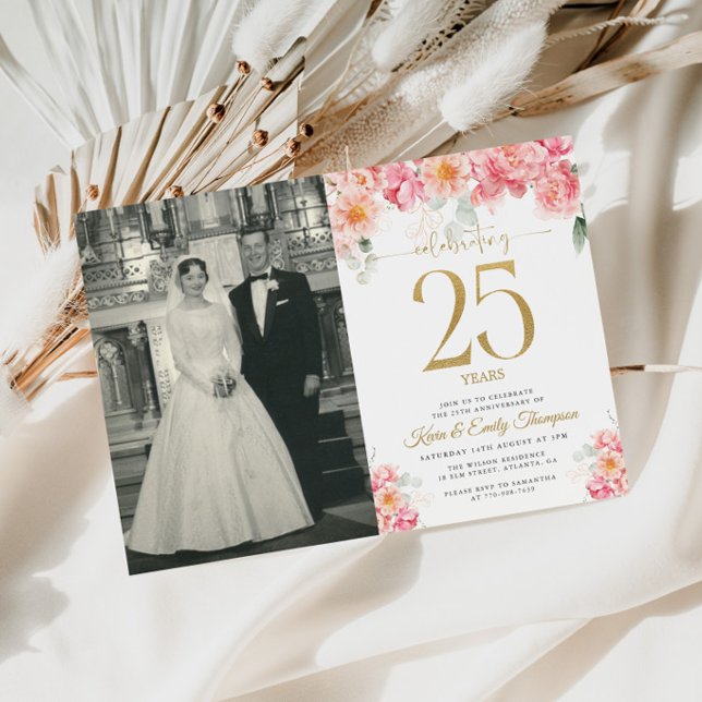 Rosa och Guld Blommig 25-årsjubileum Inbjudningar (Skapare uppladdad)