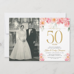 Rosa och Guld Blommig 50-årsjubileum Inbjudningar