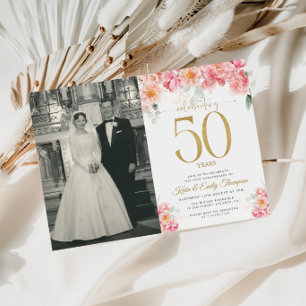 Rosa och Guld Blommig 50-årsjubileum Inbjudningar