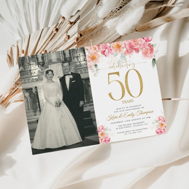Rosa och Guld Blommig 50-årsjubileum Inbjudningar (Skapare uppladdad)