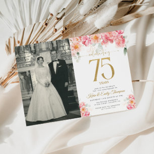 Rosa och Guld Blommig 75-årsjubileum Inbjudningar