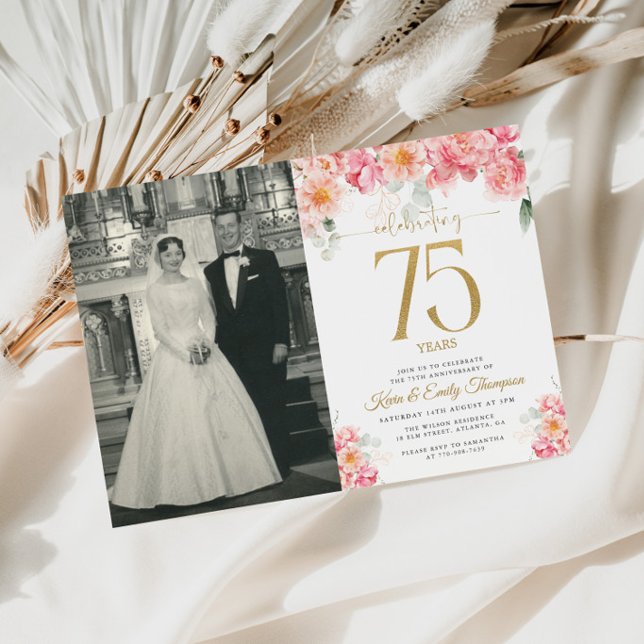 Rosa och Guld Blommig 75-årsjubileum Inbjudningar (Skapare uppladdad)