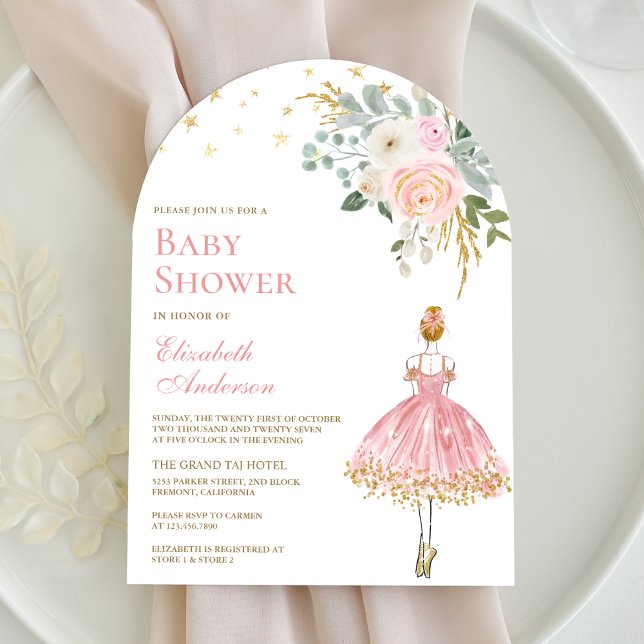 Rosa och Guld Blommig Ballerina Valvbåge Barnkalas Inbjudningar (Skapare uppladdad)