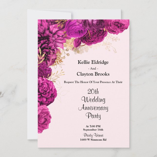 Rosa och guld blommig bröllopsjubileum fest inbjudningar (Framsida)