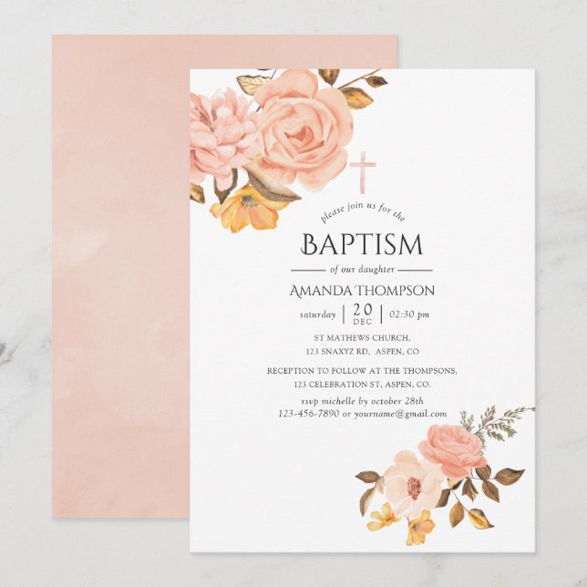 Rosa och guld blommig dopceremoni inbjudningar (Fram/baksida)