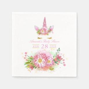 Rosa och guld blommig enhörning flicka baby shower pappersservett