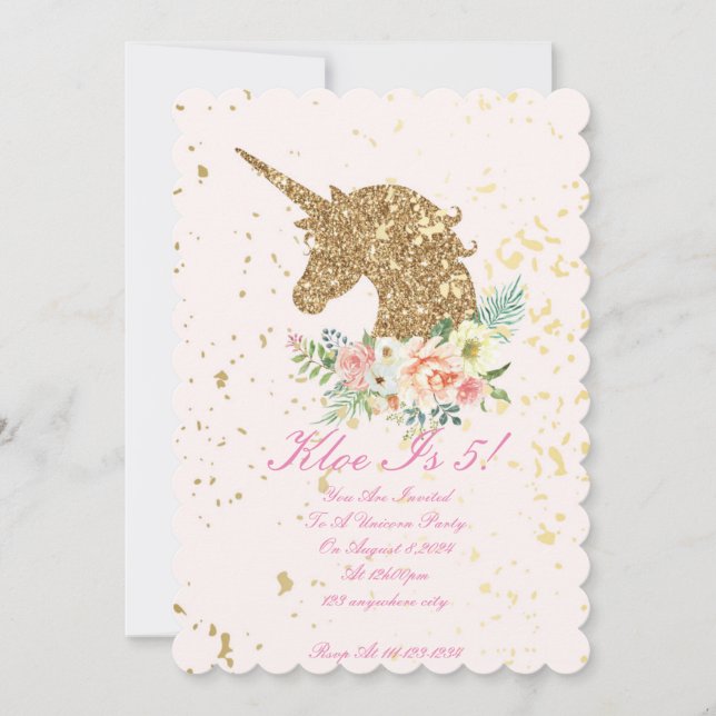 Rosa och guld Blommig enhörning flicka födelsedag  Inbjudningar (Framsida)