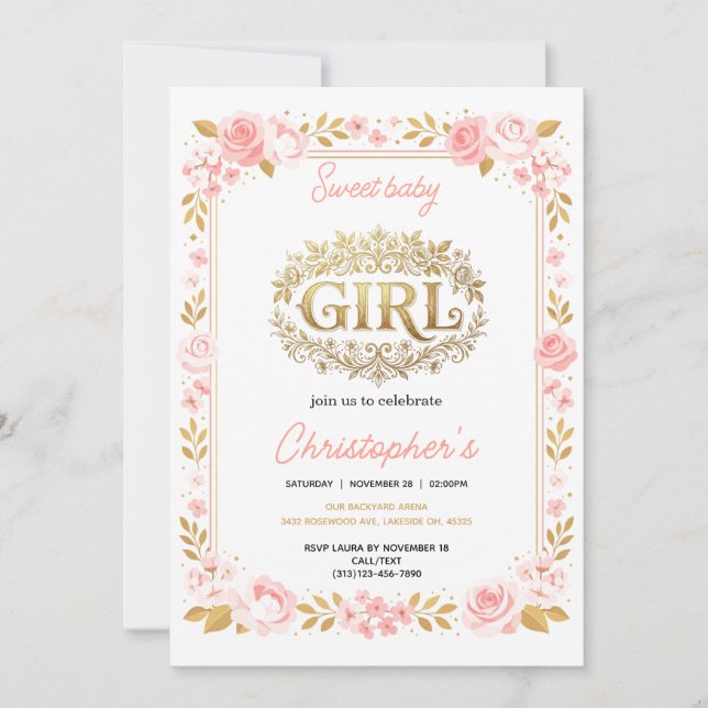 Rosa och guld blommig flicka baby shower inbjudningar (Framsida)