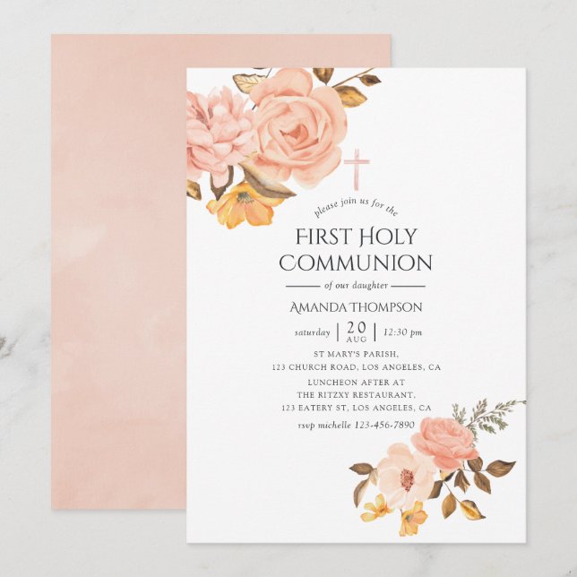 Rosa och guld blommig Första kommunion Inbjudningar (Fram/baksida)