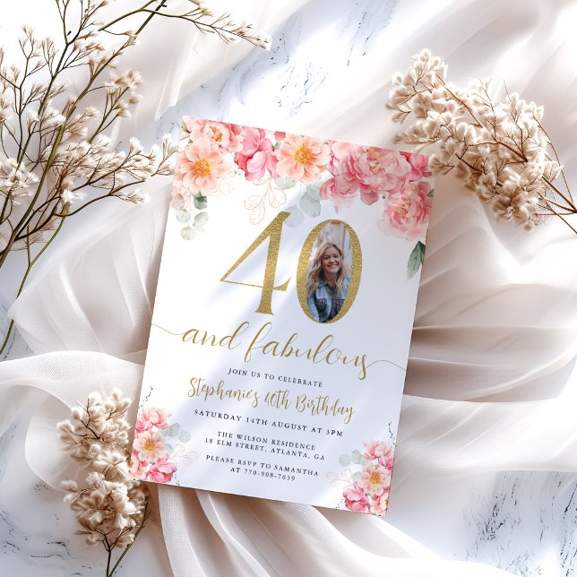 Rosa och guld blommig foto 40-årsdag inbjudningar (Skapare uppladdad)