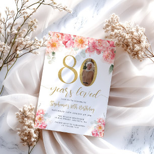 Rosa och guld blommig foto 80-årsdag inbjudningar