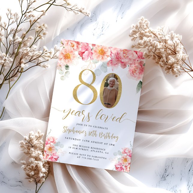 Rosa och guld blommig foto 80-årsdag inbjudningar (Skapare uppladdad)