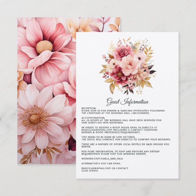 Rosa och guld blommig information för bröllopsgäst tilläggskort (Fram/baksida)
