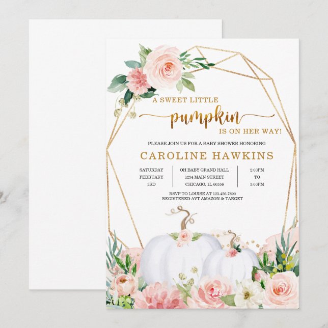 Rosa och guld blommig pumpa höst baby shower Invi Inbjudningar (Fram/baksida)
