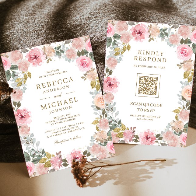 Rosa och Guld Blommig QR-kod Bröllop Inbjudningar (Skapare uppladdad)