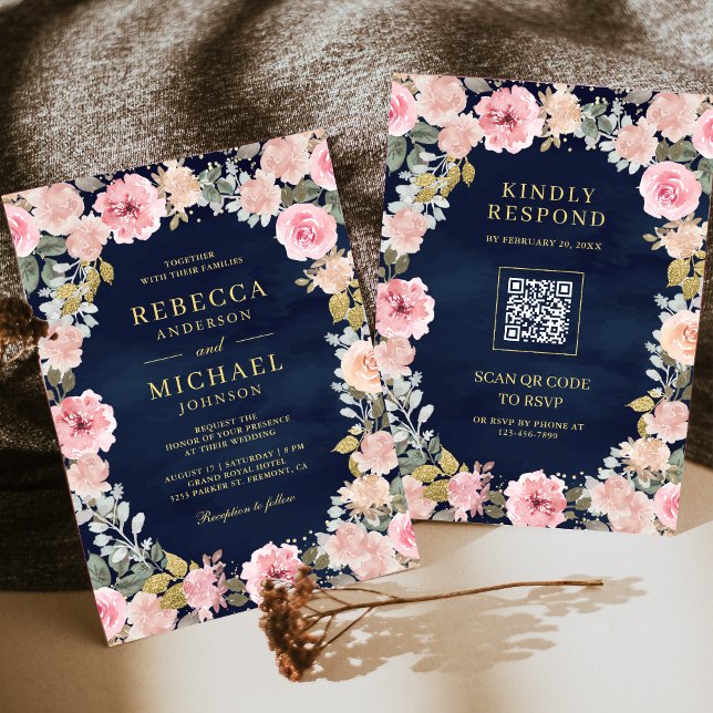 Rosa och Guld Blommig QR Kod Marinblå Bröllop Inbjudningar (Skapare uppladdad)