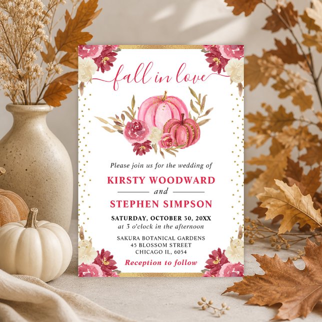 Rosa och Guld Blommiga Pumpa HöstHögtid Inbjudningar (Skapare uppladdad)