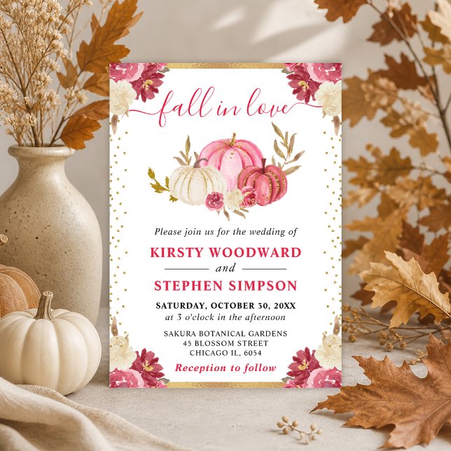 Rosa och Guld Blommiga Pumpa HöstHögtid Inbjudningar (Skapare uppladdad)