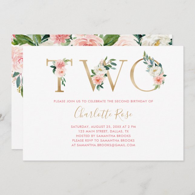 Rosa och Guld Blommigt 2:a födelsedag Inbjudningar (Fram/baksida)