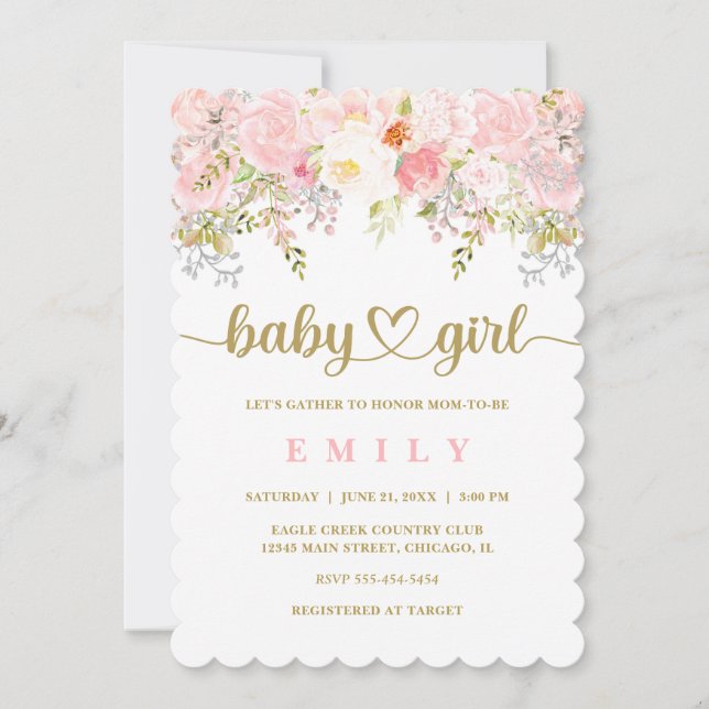 Rosa och Guld Blommigt Baby Shower-inbjudan Flicko Inbjudningar (Framsida)