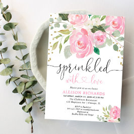 Rosa och guld blommigt baby, sprinkle-flicka inbjudningar