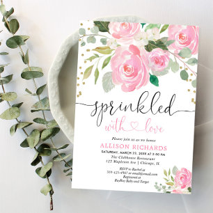 Rosa och guld blommigt baby, sprinkle-flicka inbjudningar