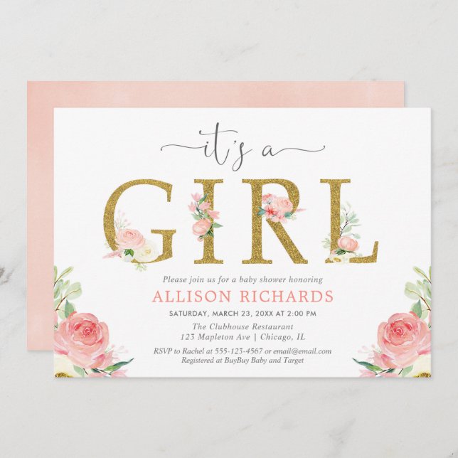 Rosa och guld blommigt babydusch, det är en flicka inbjudningar (Fram/baksida)